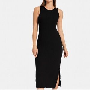 BeBe maxi dress ribbed side slit stretch gold buttons back zip up SZ SM black